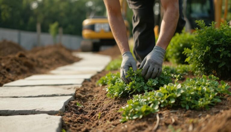 Gardener planting greenery along pathway.