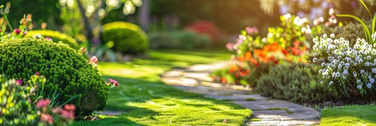 Lush garden path with colorful flowers.