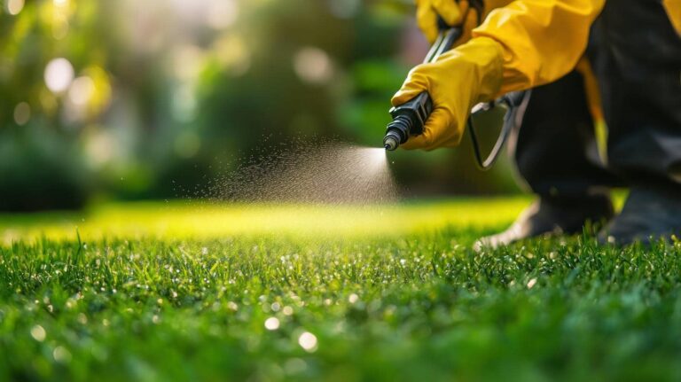 Person spraying lawn with weed repellent