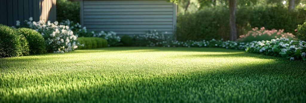 Lush green lawn with blooming flowers.
