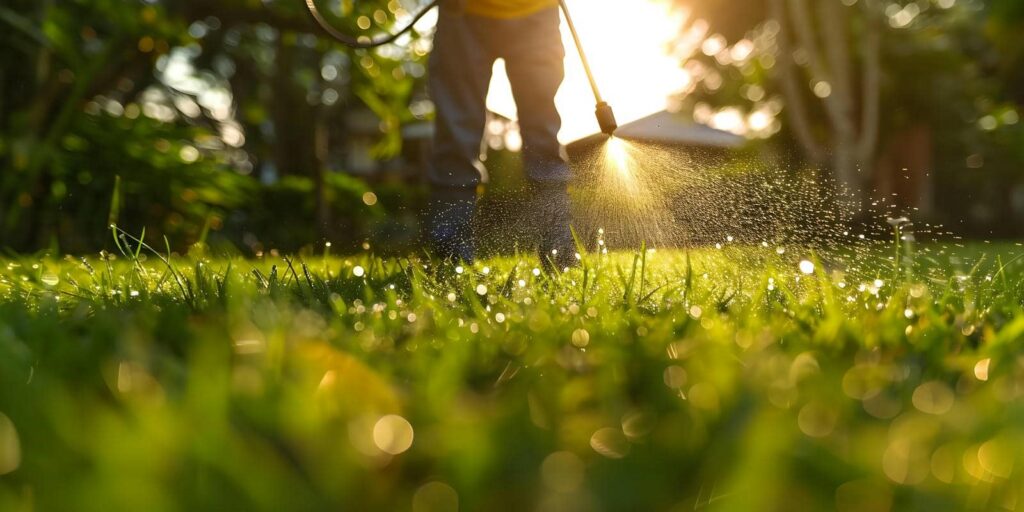 Person spraying water on green grass.