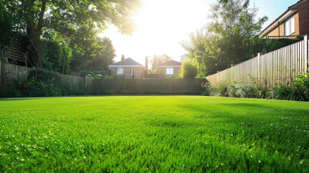 Lush green lawn under bright sunlight.