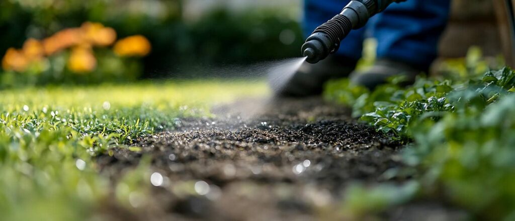 Watering grass with a spray nozzle