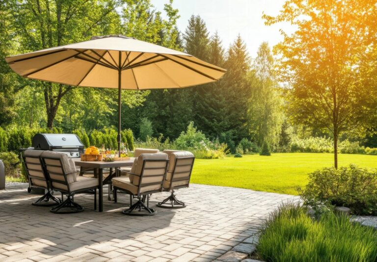 Sunny patio with table and umbrella, and a well-manicured lawn
