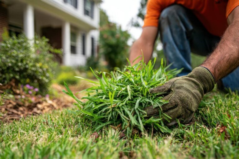 Person pulling weeds in garden