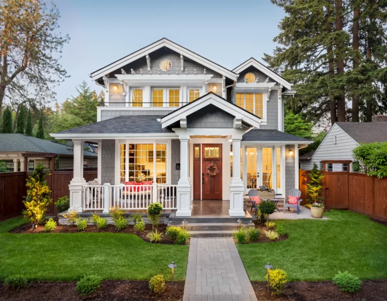 Green Pest Control Tips. Beautiful Home Exterior At Dusk, with Green Grass