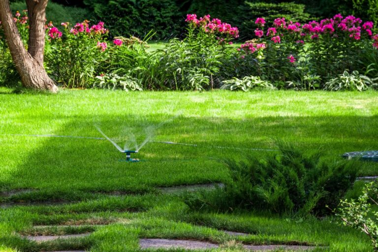 Lush green lawn with sprinkler system