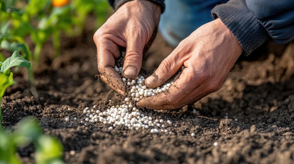 Hands spreading fertilizer in soil.