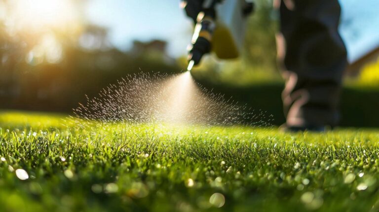 Spraying liquid on green grass