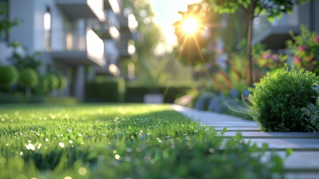 Lush garden with sunlight and pathways