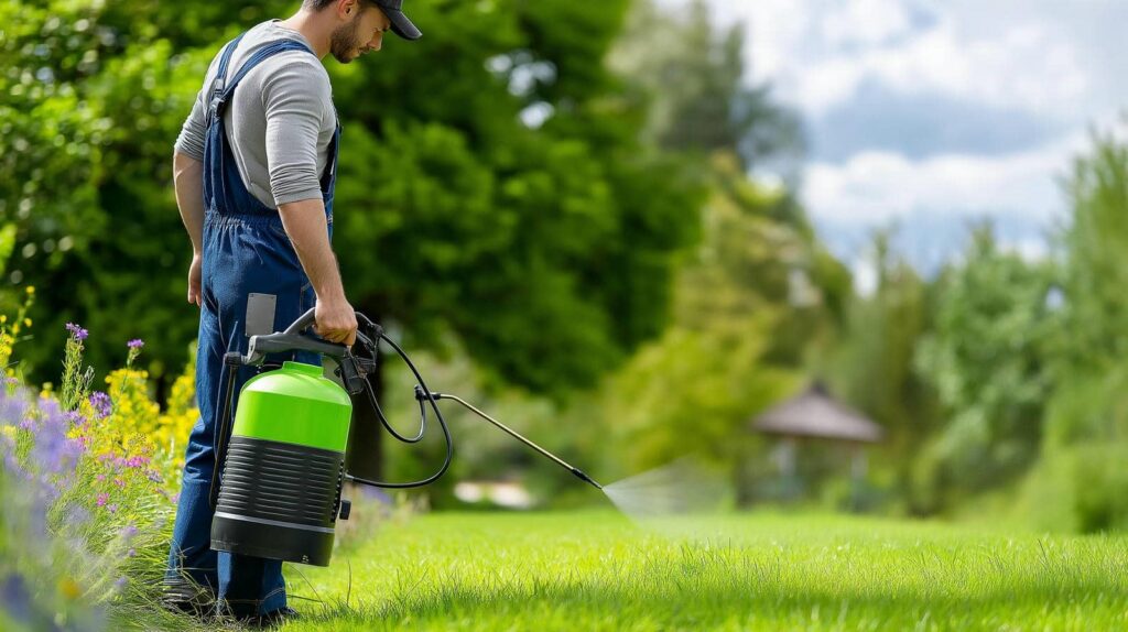 Man spraying lawn with weed repellent
