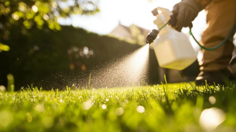 Person spraying liquid on grass