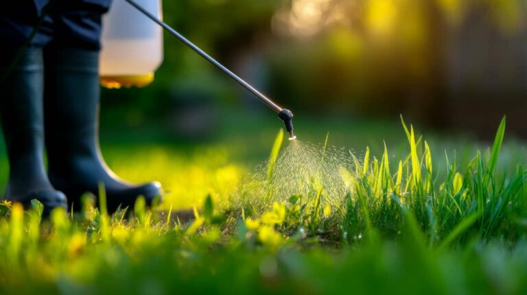 Person spraying weeds in garden