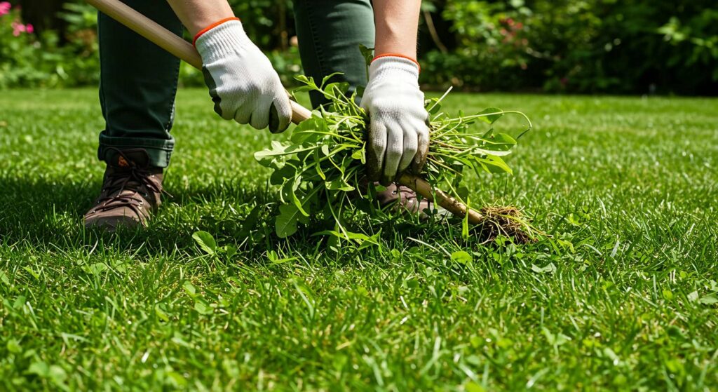 Person pulling weeds from grass