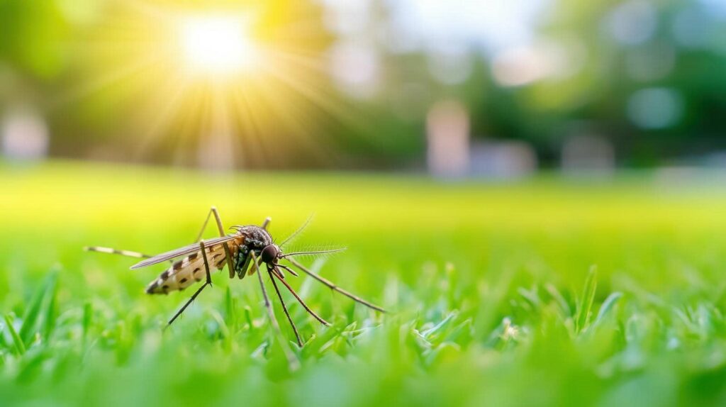 Mosquito on grass in sunlight