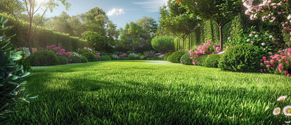 Lush garden with vibrant greenery and flowers.