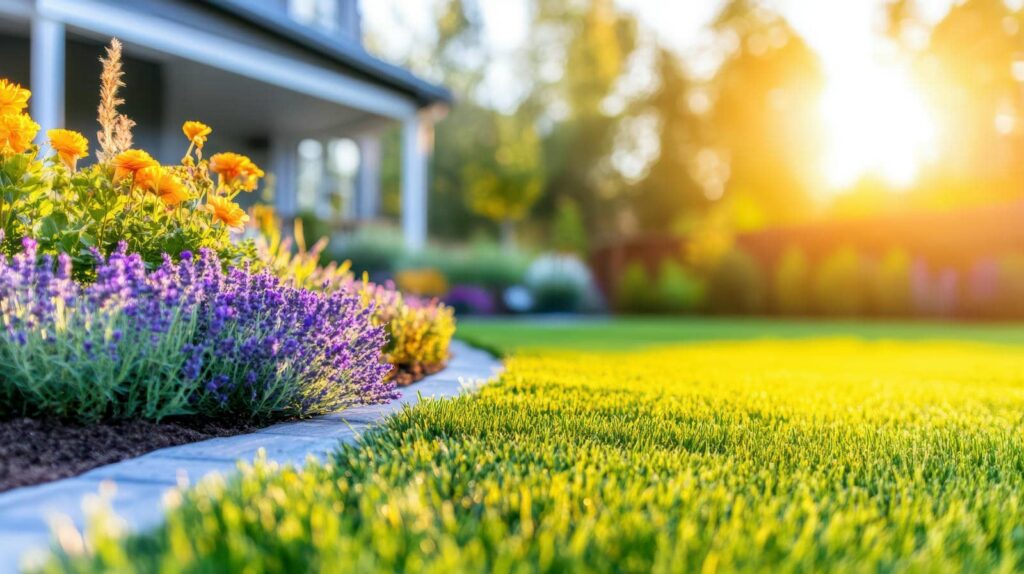 Vibrant flowers in a sunny lawn.