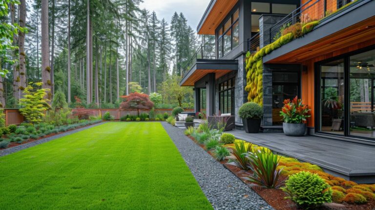 Lush green lawn with modern landscaping.