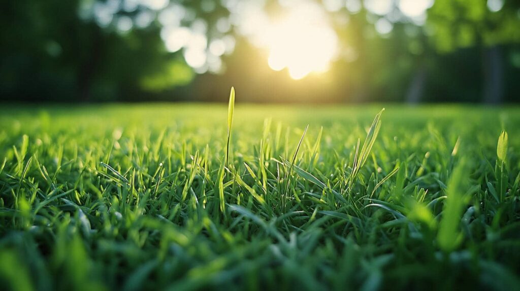 Lush green grass with sunlight backdrop