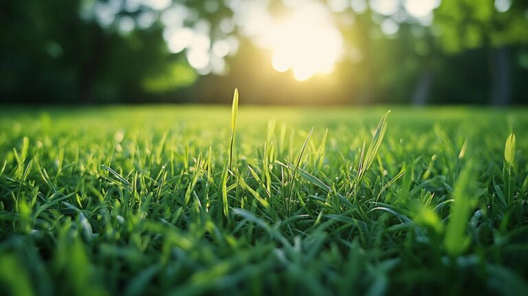 Lush green grass with sunlight backdrop