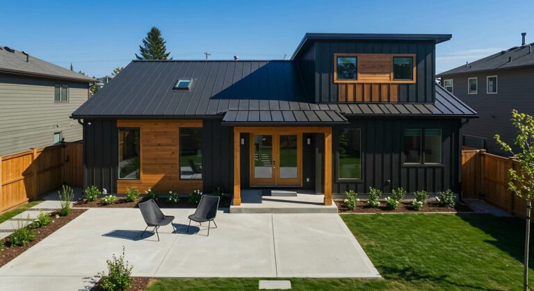 Modern house with landscaped yard.