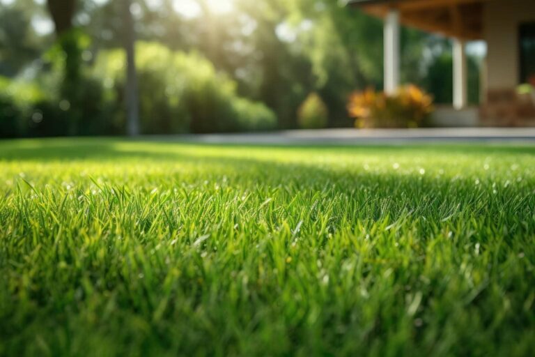 Lush green lawn in sunlight.