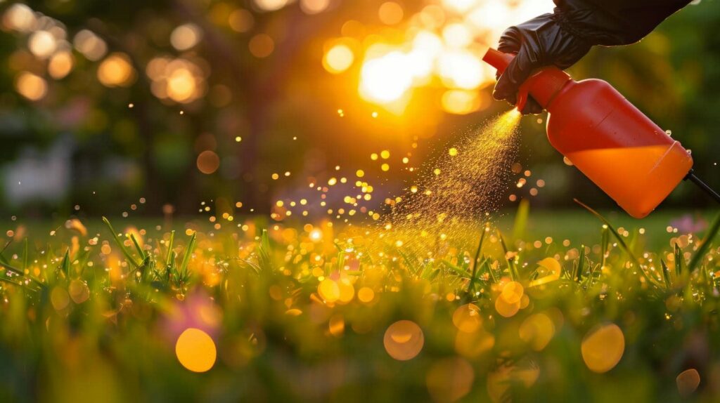 Spraying liquid on grass at sunset.