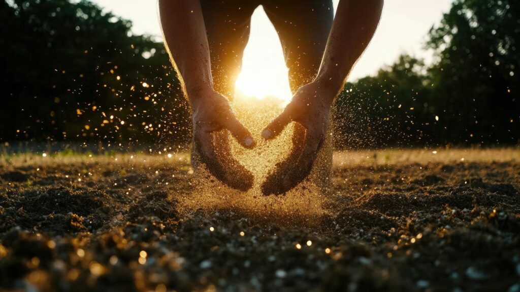 Hands scattering soil at sunset.