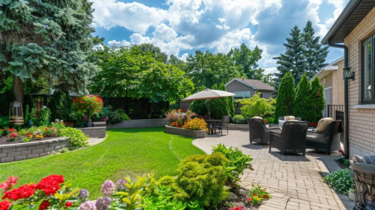 Lush garden with seating area.