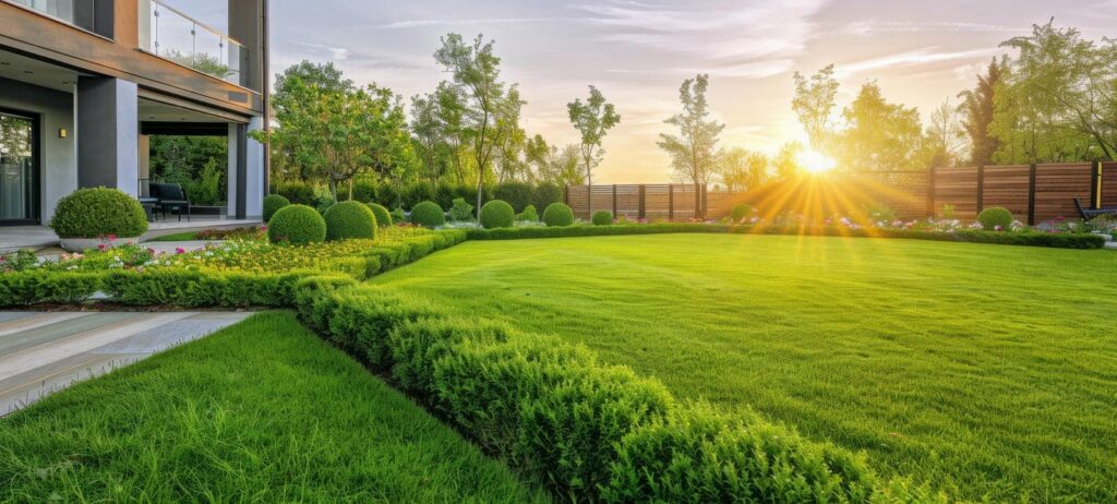 Lush green lawn at sunset.