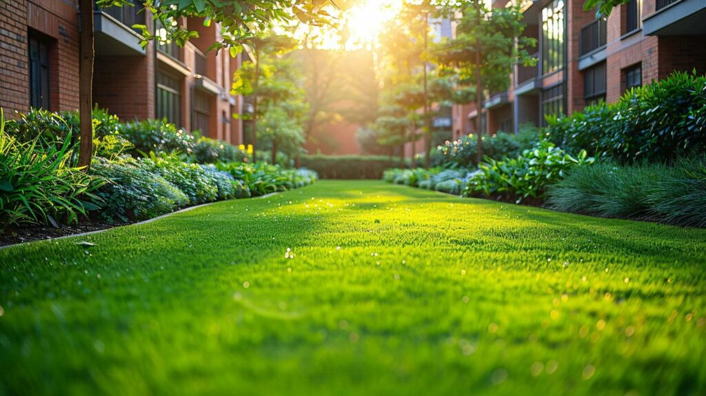 Lush green lawn with sunlight glow