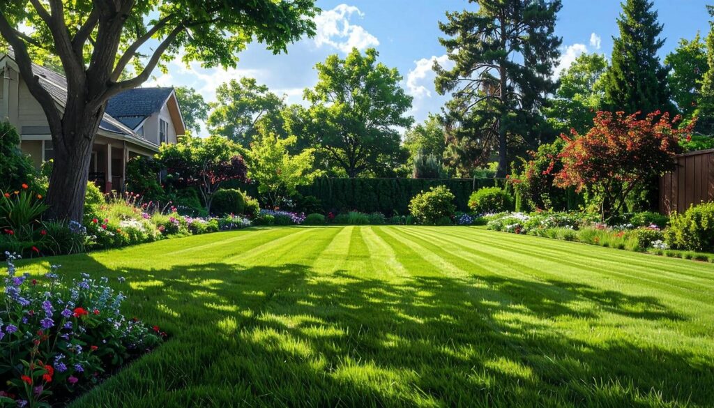 Lush green lawn with vibrant flowers.